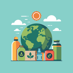 Fototapeta premium Eco friendly products flat vector illustration with earth globe and sun