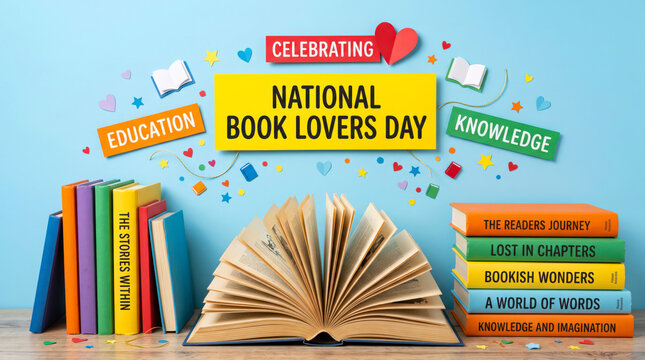 Celebrating national book lovers day with colorful books and open book illustration