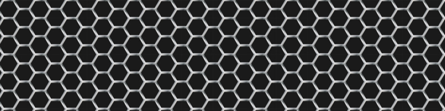 Honeycomb metal steel with hexagon background pattern and fiber black futuristic. Texture nano tech with mesh seamless technology and honey grid hex. 3d cell honeycomb with science geometric.

