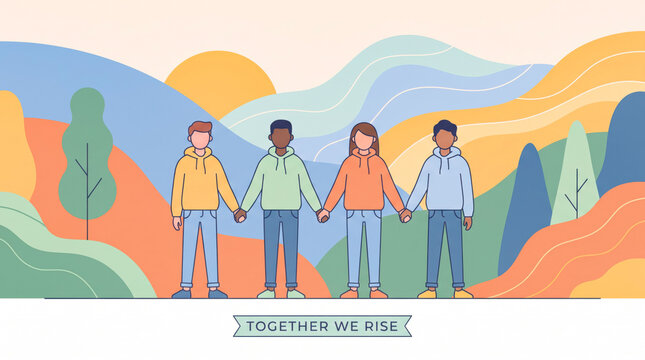 Four diverse people holding hands standing together in colorful landscape