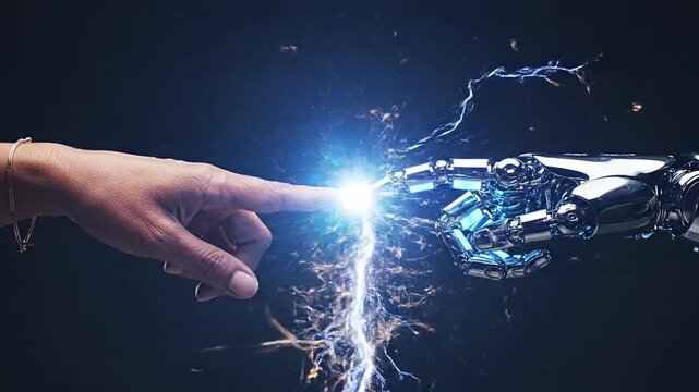 Human and robotic hands reaching to touch fingers.