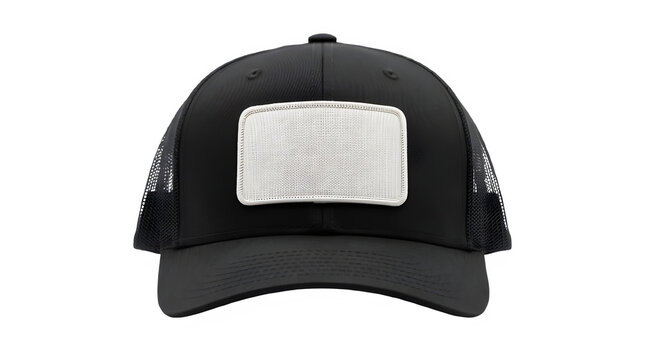 Black trucker hat with a blank rectangular patch isolated on transparent background