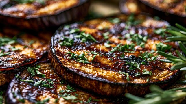 Grilled eggplant slices garnished with herbs for a vegetarian dish