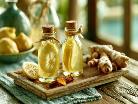 Fresh lemon and ginger infused drinks on a rustic wooden tray