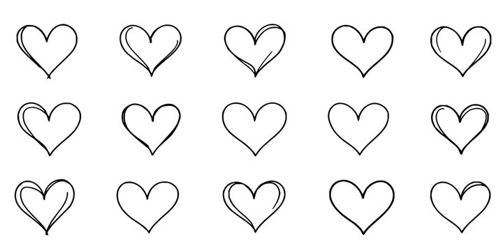 Heart shapes set with nine hand‑drawn variations arranged in a 3x3 grid on a plain white background featuring minimalist, black and white, vector with clean lines and modern aesthetic