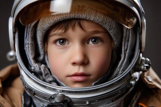 Young child dressed as an astronaut gazes thoughtfully into the distance indoors