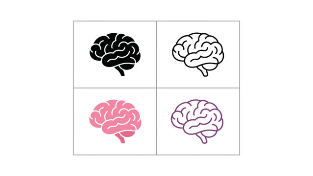 Human brain vector icon set with line art and solid silhouette designs for mental health neurology and creative thinking