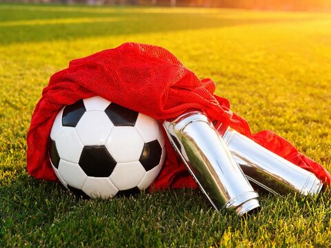 Classic black and white soccer ball with shiny silver shin guards resting on green grass field