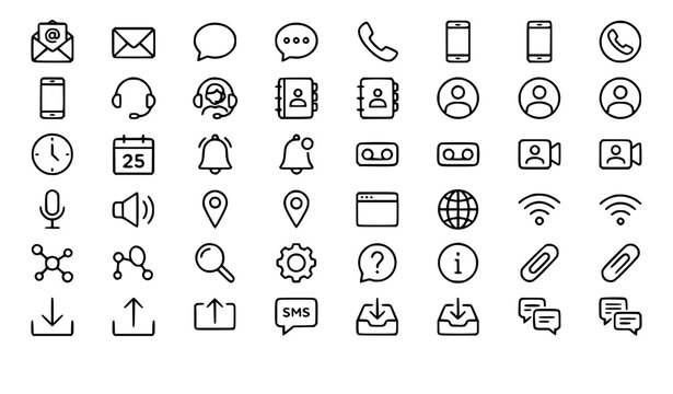 Communication Line Vector Icons Set for Business Cards with Email Chat Contact and Clock Outline Collection