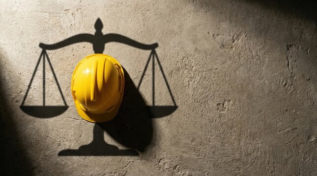 Yellow construction helmet casting scales of justice shadow on concrete wall