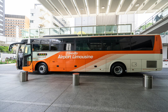 Tokyo, Japan - April 16, 2026: The Airport Limousine transport bus parked outside of a hotel. Popular way for tourists to get to and from Tokyo area airports