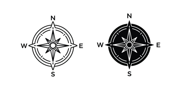 Compass rose navigation with north south east west cardinal directions for cartography and exploration tools