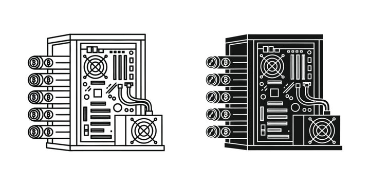 Cryptocurrency mining rig hardware with bitcoin coins and computer components in outline and solid styles