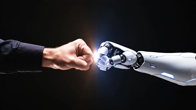 Human fist bump with robotic hand on black background