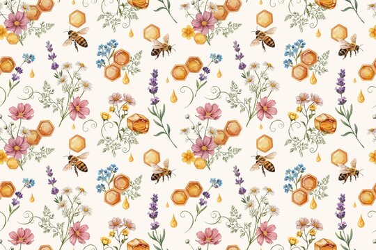 Seamless pattern featuring watercolor honeybees, golden honeycomb cells, dripping honey, lavender sprigs, and small wildflowers on cream background