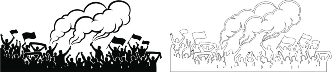Fototapeta premium Protest crowd illustration with raised flags and smoke vector graphic for activism and social commentary