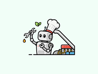 Obraz premium Cute Robot Wearing Chef Hat Holding Wrench Next to Industrial Engine Part