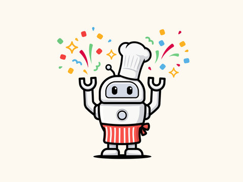 Happy robot chef wearing a white hat and red striped apron celebrating with colorful confetti