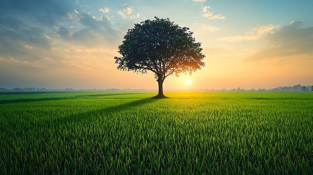 Sunrise, lone tree, rice paddy field, tranquil morning
