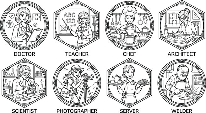 Diverse Careers and Professions Badges Line Art Vector Illustration Set