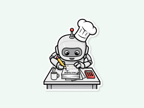 White robot wearing chef hat sitting at a desk filling out tax forms with a calculator and coffee