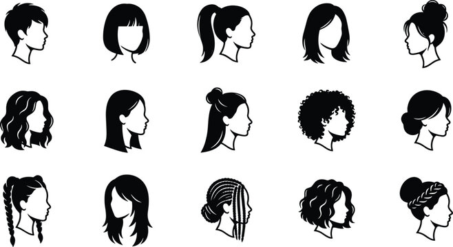 Women Haircuts and Diverse Hairstyles Silhouette Vector Set