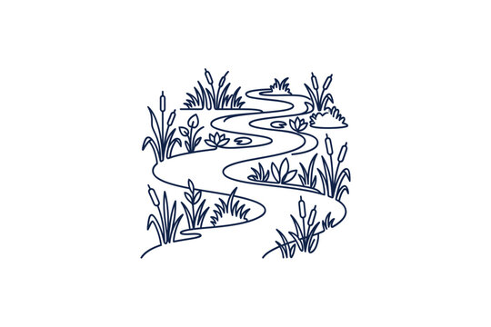 A hand drawn sketch of a winding river flowing through a marshy landscape.