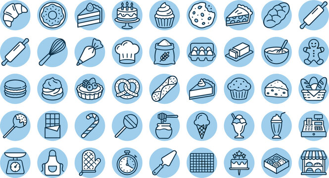 Bakery and Pastry Line Icon Set with Sweet Desserts, Baking Tools, and Cakes in Blue Circles for Cafe Menus and Websites