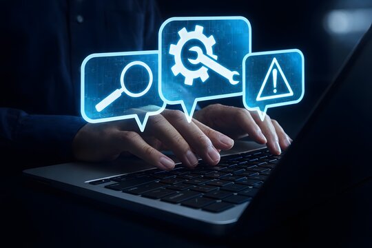 Online IT customer support. Remote help desk chat for technical support. Businessman using laptop computer to provide troubleshooting support.