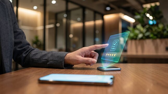 Customer Feedback Submission Interface, 5 Star Rating Experience, Holographic Submit Button Technology, Digital Review System, Smart User Satisfaction Analytics