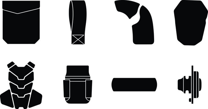 Collection of motorcycle armor protective inserts flat icons featuring black silhouettes of back chest knee and elbow guards