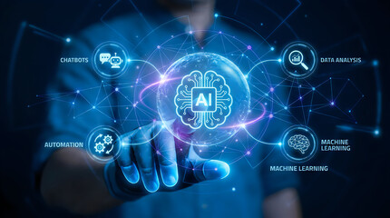 Fototapeta premium Artificial intelligence brain with digital network connecting to chatbots automation data analysis and machine learning