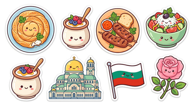 Cute Bulgarian Food Sticker Pack &ndash; Banitsa, Shopska Salad and Bulgaria Icons Kawaii Flat Illustration Set