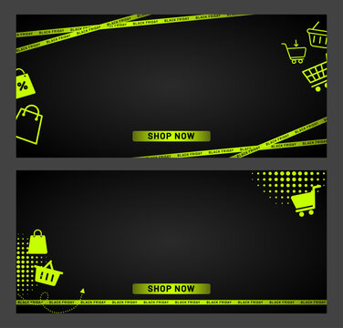 Black Friday sale banner set with neon green discount labels, shopping icons and promotional elements. Modern vector templates for retail, ecommerce, marketing and seasonal discounts.