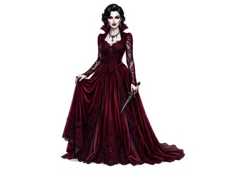 Fototapeta premium Female Vampire Fashion Portrait Illustration with Dark Red Lace Gown, Gothic Halloween Style, Luxury Fantasy Character Isolated on White Background