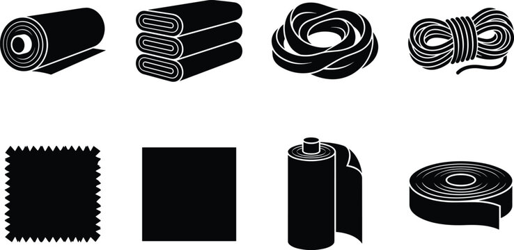 Collection of textile manufacturing flat icons featuring black silhouettes of fabric rolls bolts rope yarn and swatches isolated on white background