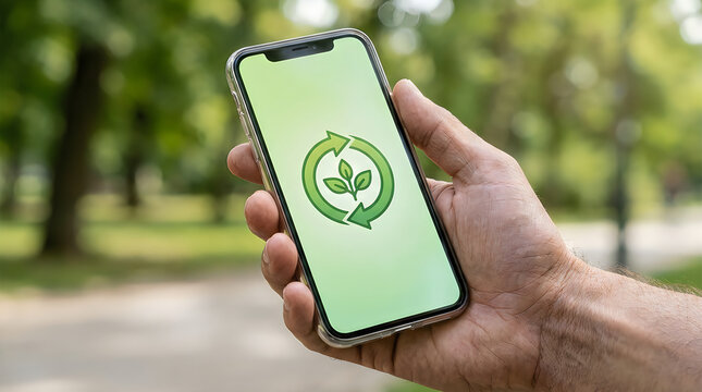 Smartphone displaying eco-friendly recycling app on screen with green nature background