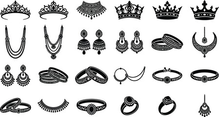 Royal Jewelry Silhouette Vector Collection Featuring Crowns Tiaras Necklaces Earrings Rings Bracelets and Luxury Accessories Set © MDKANAL