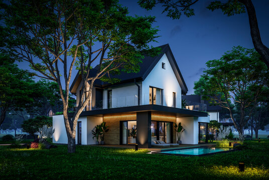3d rendering of contemporary architectural luxury house exterior at night. Modern Scandinavian style family home, dramatic exterior lighting and garden landscaping at twilight