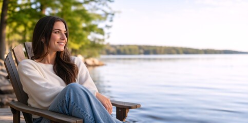 Fototapeta premium Smiling young woman sitting in a chair by the lake. Happy female relaxing on a wooden dock in a white sweater. Outdoor vacation lifestyle with copy space