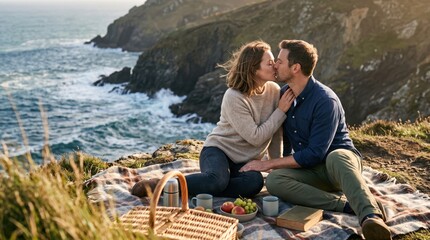 Fototapeta premium Couple kissing at coastal picnic