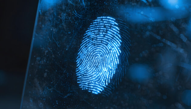 Glowing blue biometric fingerprint scan on a dark glass surface. Cyber data security and digital identity verification system. Advanced technology interface scanning a human thumbprint