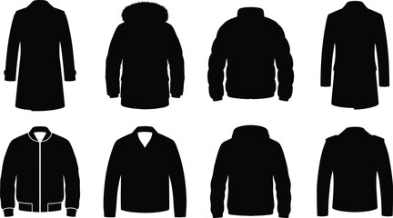 Collection of winter outerwear and jacket flat icons featuring black silhouettes of coats parkas bomber and puffer jackets isolated on white background © Foredul