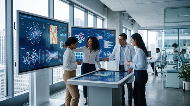 Doctors analyzing research dashboard together