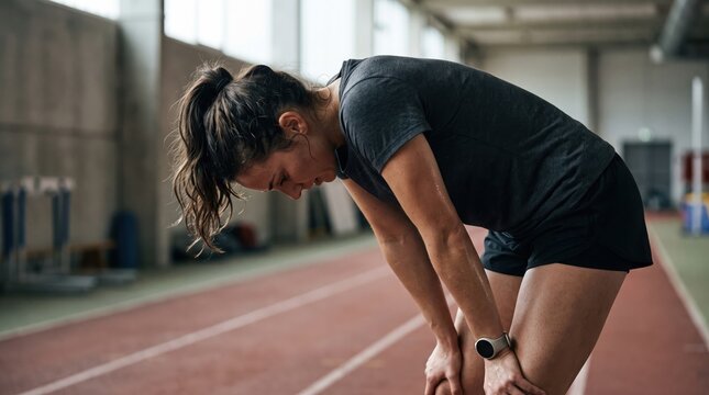 Exhausted female runner bending over indoors