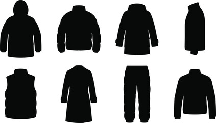 Collection of winter outerwear flat icons featuring black silhouettes of jackets coats puffer vest and trousers isolated on white background © Foredul