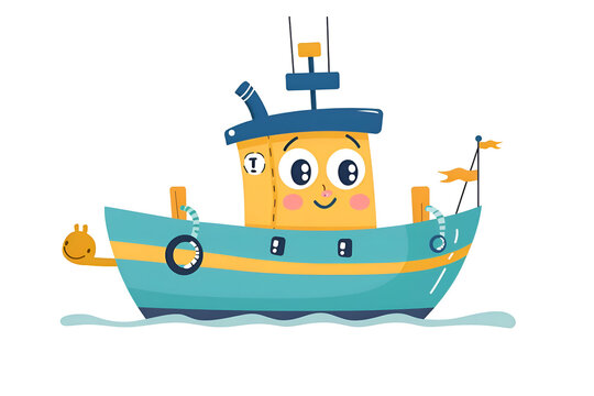 Playful fishing boat character sailing while bobbing on water