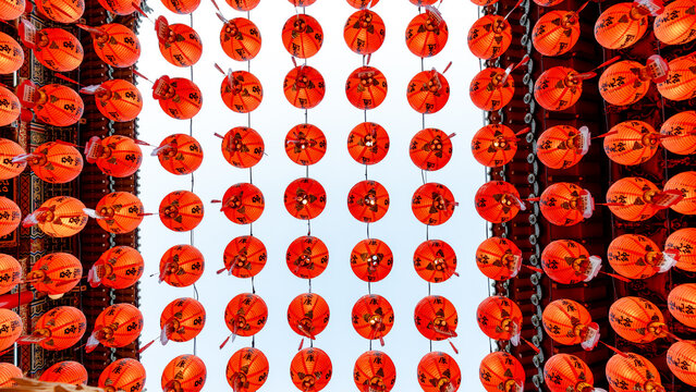 Vibrant red lanterns at Sunfong Temple in Taiwan