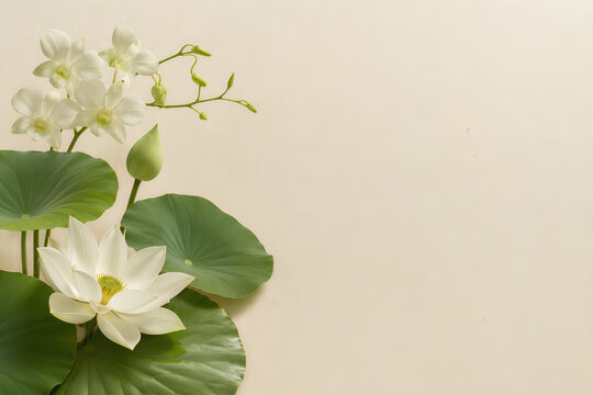 White lotus and orchid flowers with green leaves on a plain background with copy space.