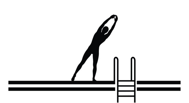 Silhouette of a diver in a streamlined pose jumps from a diving board toward the water of an indoor swimming pool.